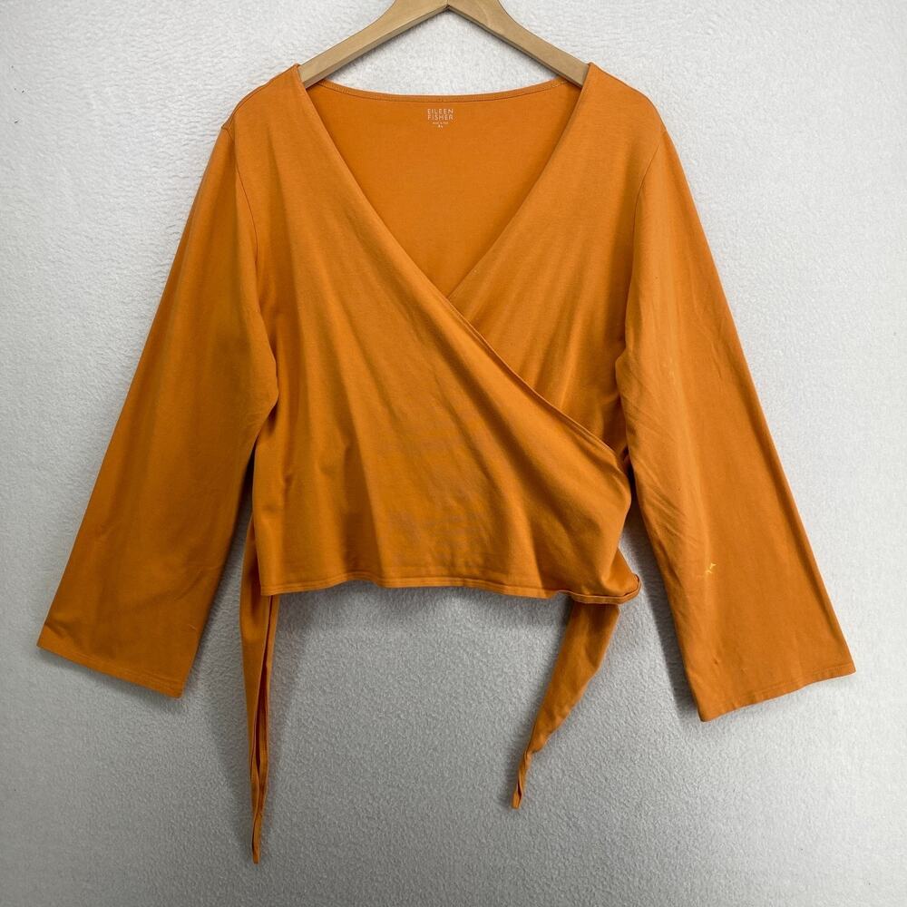 EILEEN FISHER Top XL Stretch Cotton Jersey Balletcore Wrap V Neck Orange USA